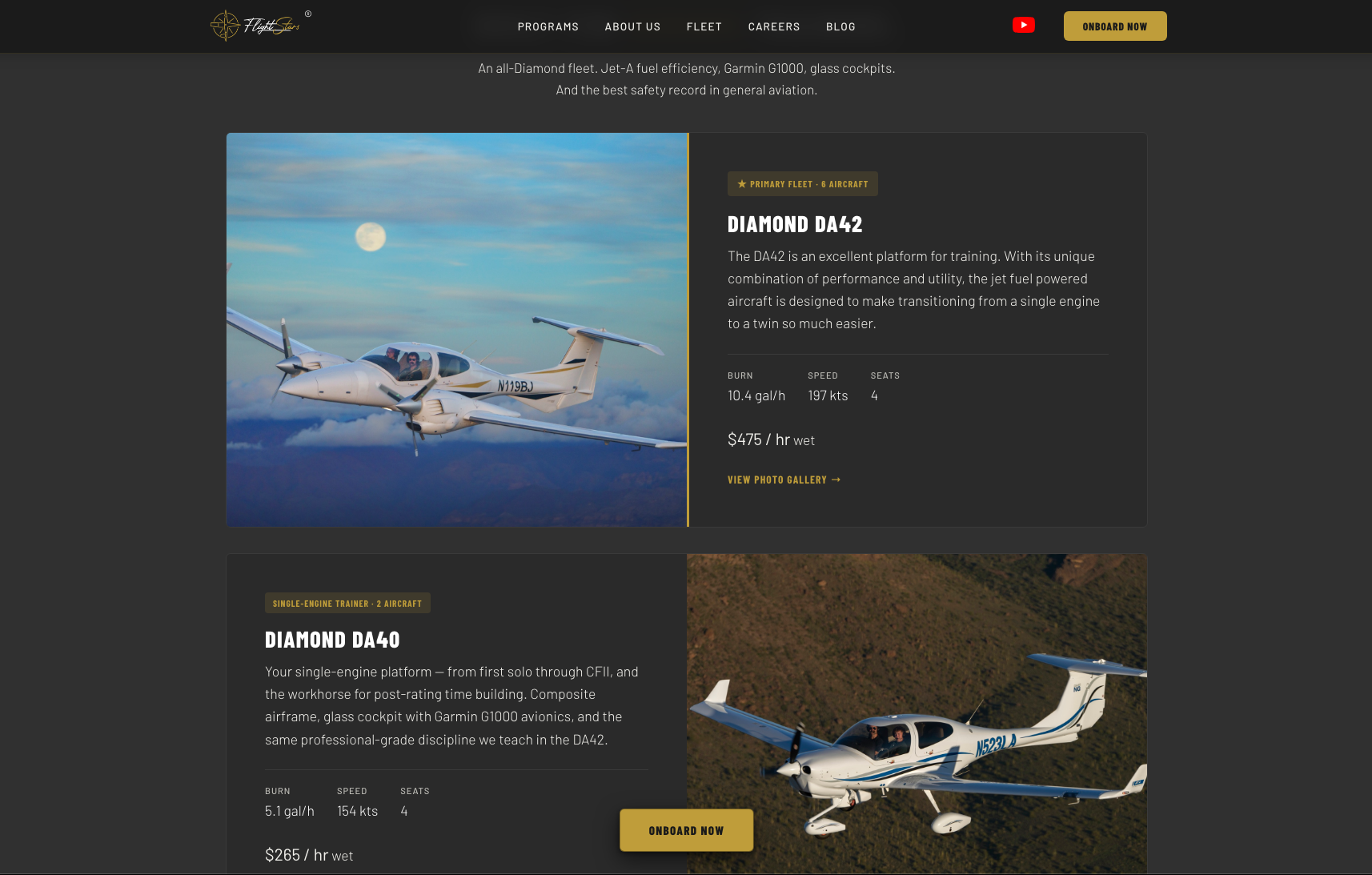 The Flight Stars website we built, showing the fleet section